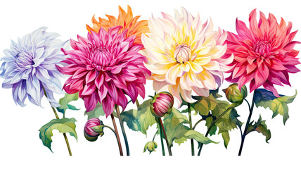 a collection of grunge oil painted dahlias isolated on a transparent background, generative ai