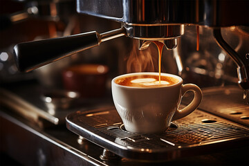 Coffee machine making a hot drink in cafe bar at the morning