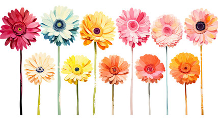 a collection of grunge oil painted gerbera daisies isolated on a transparent background, generative ai
