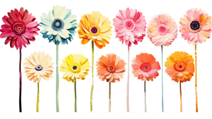 a collection of grunge oil painted gerbera daisies isolated on a transparent background, generative ai