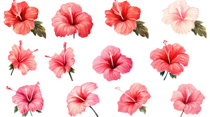 Obraz premium a collection of grunge oil painted hibiscus flowers isolated on a transparent background, generative ai