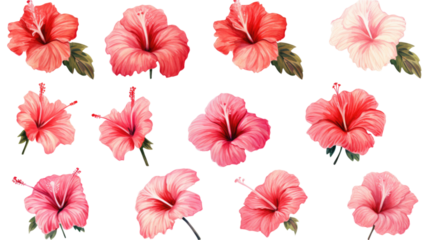 a collection of grunge oil painted hibiscus flowers isolated on a transparent background, generative ai