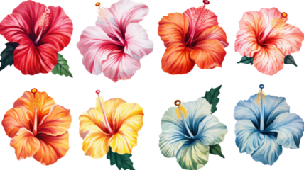 a collection of grunge oil painted hibiscus flowers isolated on a transparent background, generative ai