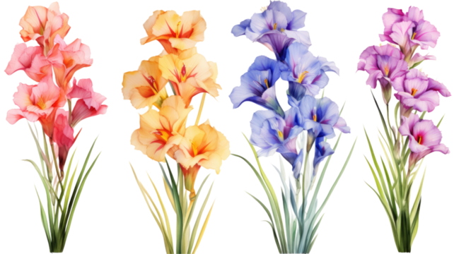 a collection of grunge oil painted gladiolus flowers isolated on a transparent background, generative ai