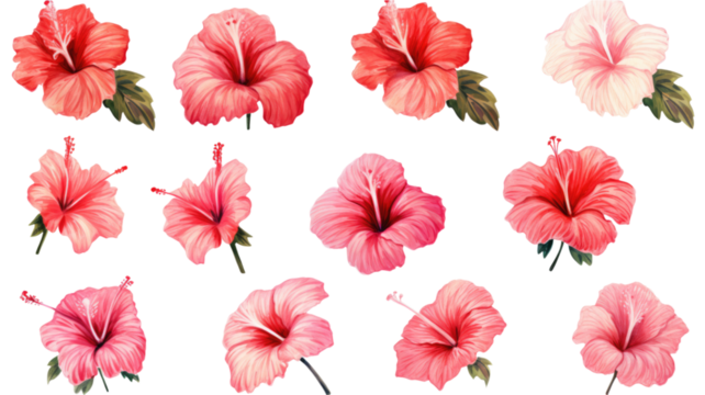 a collection of grunge oil painted hibiscus flowers isolated on a transparent background, generative ai