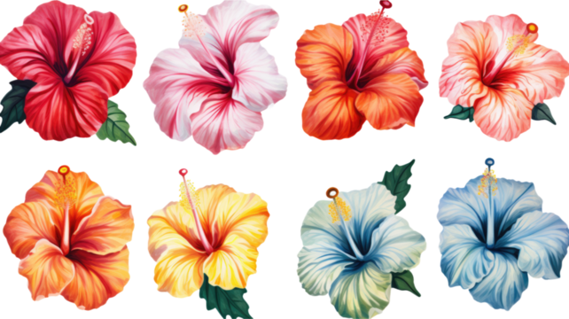 a collection of grunge oil painted hibiscus flowers isolated on a transparent background, generative ai