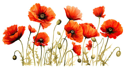 a collection of grunge oil painted poppies flowers isolated on a transparent background, generative ai