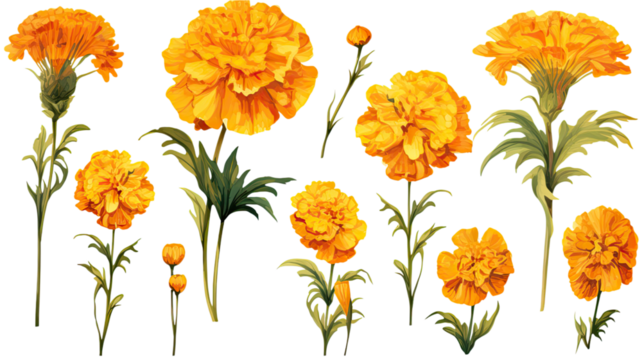 a collection of grunge oil painted marigolds flowers isolated on a transparent background, generative ai