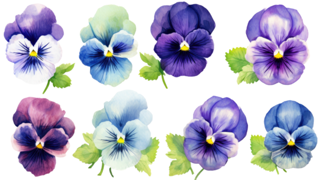 a collection of grunge oil painted pansies flowers isolated on a transparent background, generative ai