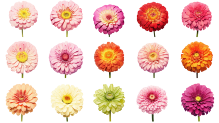 a collection of grunge oil painted zinnias flowers isolated on a transparent background, generative ai