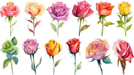 a collection of oil painted roses flowers isolated on a transparent background, generative ai