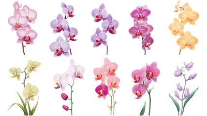 a collection of orchids flowers isolated on a transparent background, generative ai