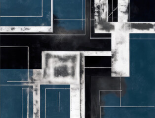 Grungy abstract art design with straight lines and block shapes in an abstract pattern on a dark blue, teal and grey colored weathered canvas surface