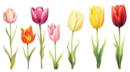 Fototapeta premium a collection of retro oil painted tulips flowers isolated on a transparent background, generative ai