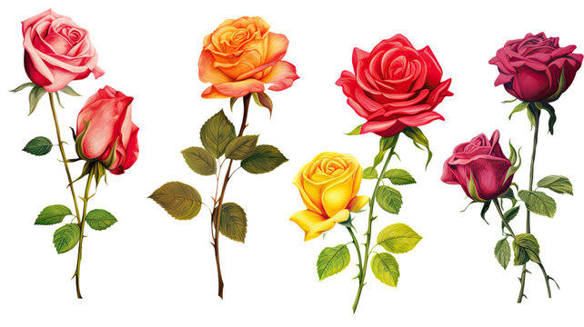 a collection of retro oil painted roses flowers isolated on a transparent background, generative ai