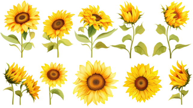 a collection of retro oil painted sunflowers flowers isolated on a transparent background, generative ai
