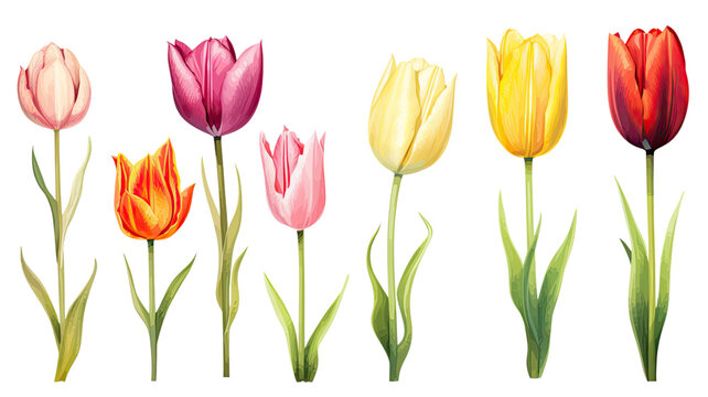 a collection of retro oil painted tulips flowers isolated on a transparent background, generative ai