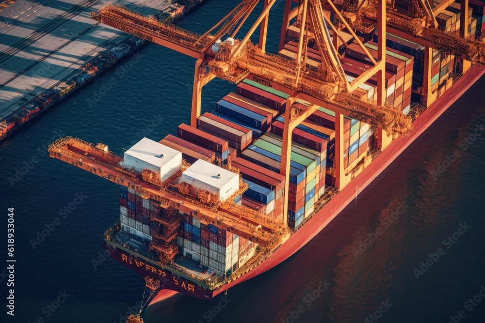 Poster aerial close up view of a cargo container ship. fully loaded container ship at the cargo terminal in