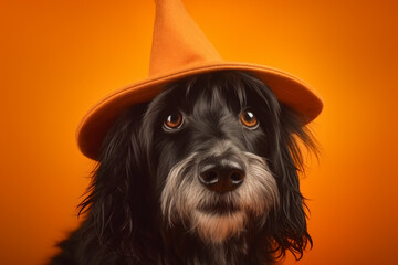 Dog with Halloween witch hat on orange background
