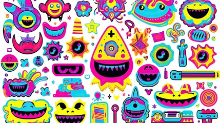 Rave psychedelic acid set with smile stickers pattern with funny monsters