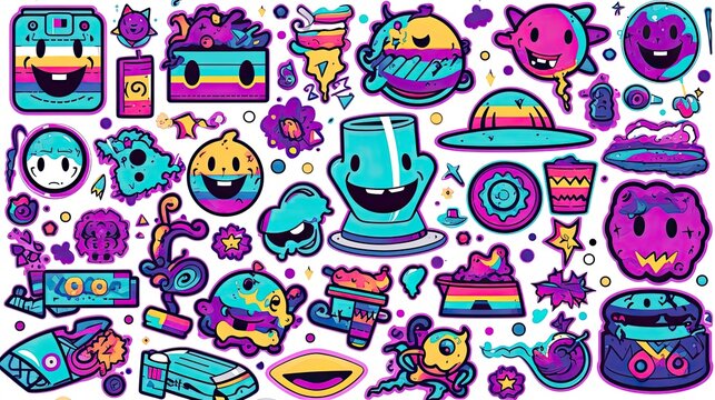 Rave psychedelic acid set with smile stickers pattern with monsters