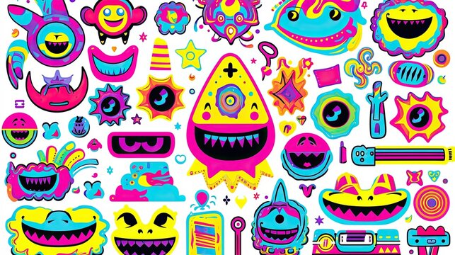 Naklejka Rave psychedelic acid set with smile stickers pattern with funny monsters