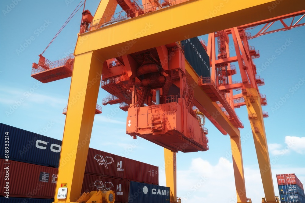 Poster close up view of container ship under loading. freight vessel at the berth in cargo terminal. port c