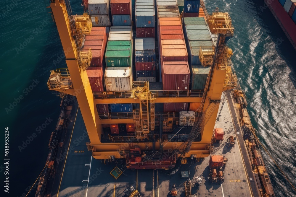 Poster aerial close up view of a cargo container ship. fully loaded container ship at the cargo terminal in