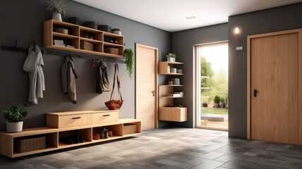 Stylish interior of a hallway in a country house. Gray walls, glazed door, wall hangers, shoe cabinets, plants in pots. Modern cozy interior. Mockup, 3D rendering.