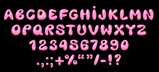 Glossy 3D bubble font in Y2K style: shiny plastic pink English alphabet letters and numbers, realistic vector illustration