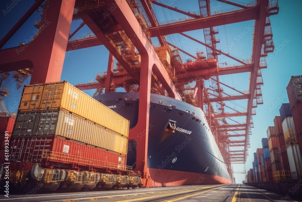 Poster view from the ground to a huge port crane. loading containers from a railway platform onto a contain