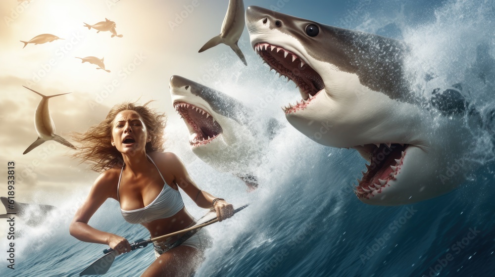 Wall mural woman surfing on the high seas with sharks