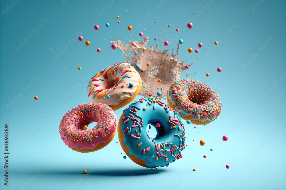 Poster a group of donuts with sprinkles on a blue background with a splash of milk on the top of them and o