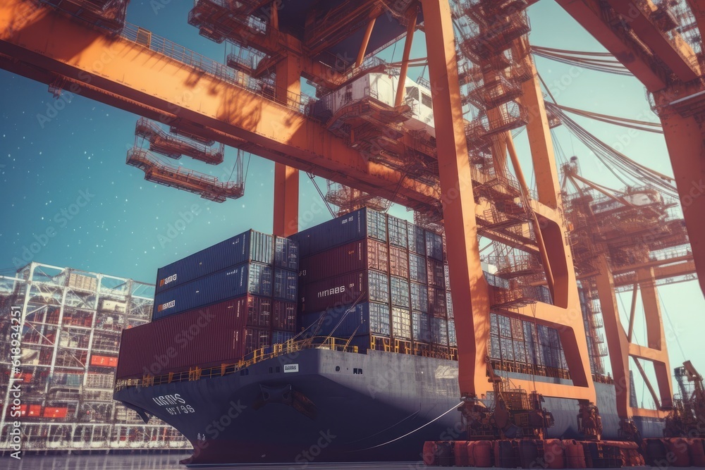 Poster view from the ground to a huge port crane. loading containers from a railway platform onto a contain