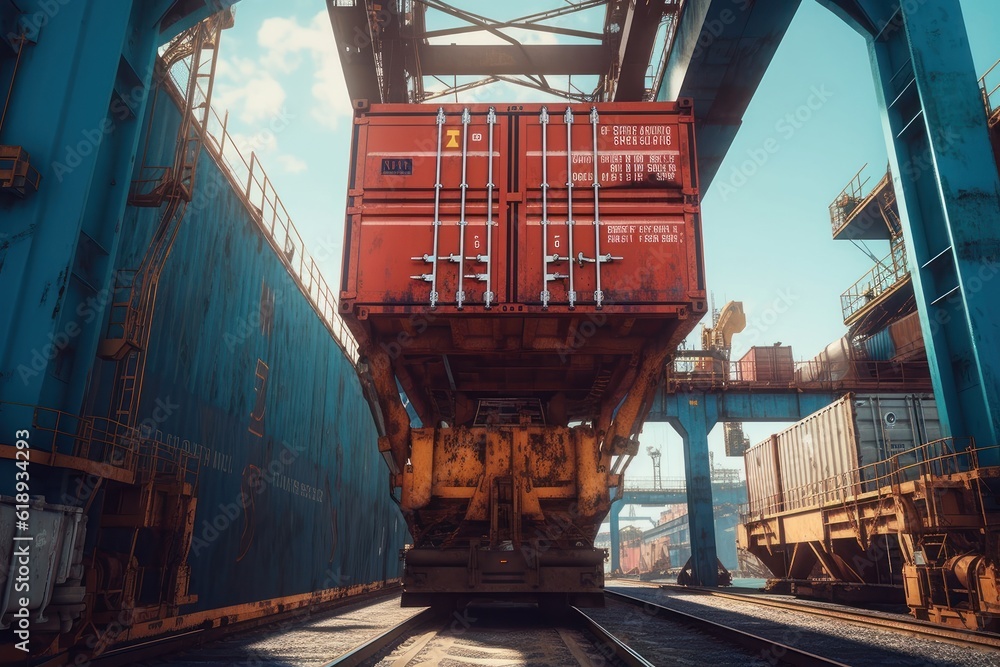 Poster view from the ground to a huge port crane. loading containers from a railway platform onto a contain