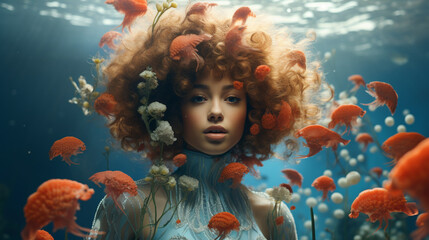 Aesthetic Woman: A Captivating Portrait of Sensuality and Beauty, Immersed in an Underwater Garden of Floral Fashion | Generative AI, Generative KI