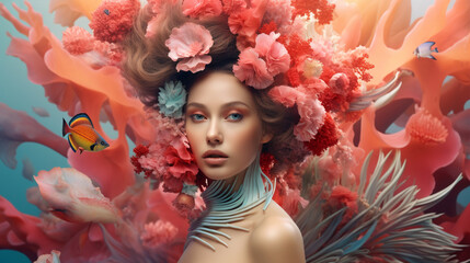 Aesthetic Woman: The Epitome of Beauty, Featuring Sensuality, Flowers, Underwater Magic, Glamorous Makeup, Fashion Trends, and Fantastical Perfection, Generative AI, Generative KI