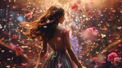 Aesthetic Woman: Enchanting Princess with Flowing Hair, Blooming Flowers, and Captivating Beauty - Generative AI, Generative KI