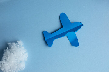 airplane decor on a blue background. travel photo template. layout empty space for text