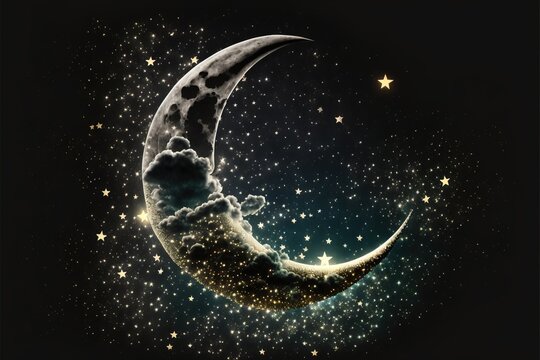 a crescent moon with stars in the night sky with a cloud in the shape of a crescent and a star filled sky with stars in the night sky with clouds and stars in the night sky.