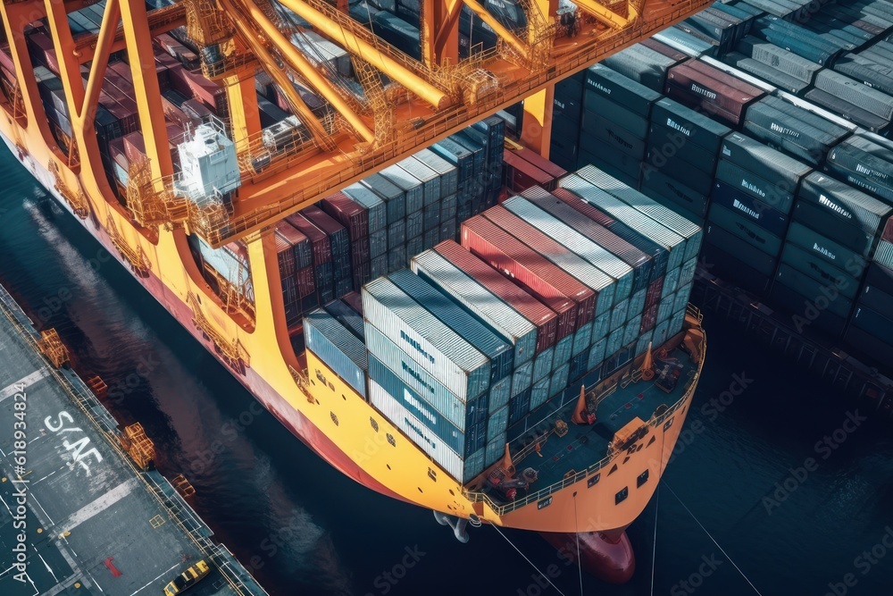 Poster aerial close up view of a cargo container ship. fully loaded container ship at the cargo terminal in