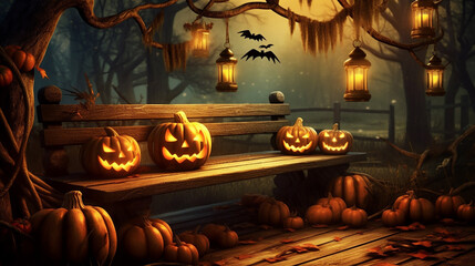 halloween scene horror background with creepy pumpkins of spooky halloween haunted mansion Evil houseat night with full moon