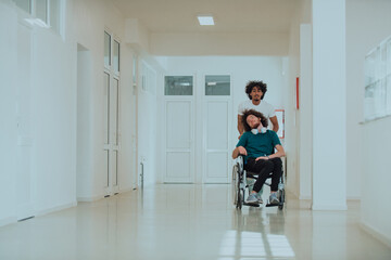 African-American hospital technician compassionately navigating the hospital hallways, pushing his wheelchair-bound colleague, symbolizing unity, support, and inclusivity