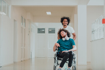 African-American hospital technician compassionately navigating the hospital hallways, pushing his wheelchair-bound colleague, symbolizing unity, support, and inclusivity