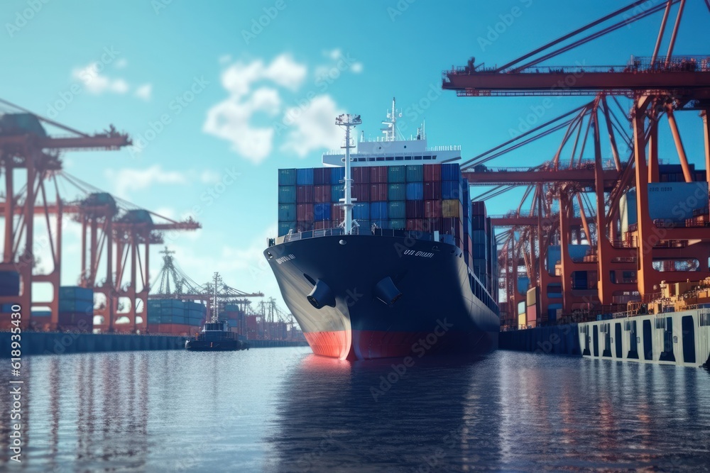 Poster container ship at the berth in cargo terminal of the port under loading or unloading. port cranes lo
