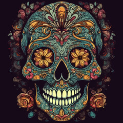amazing illustration of a colorful mexican Sugar skull. AI Generated