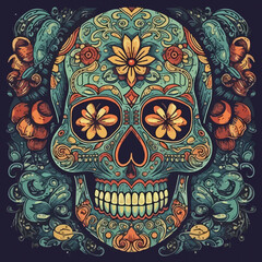 amazing illustration of a colorful mexican Sugar skull. AI Generated