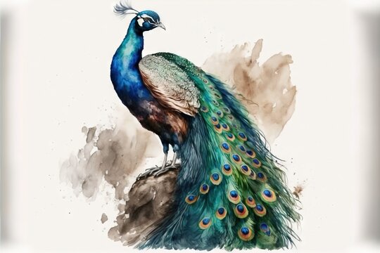 a painting of a peacock with feathers spread out on a white background with a watercolor effect of a blue.