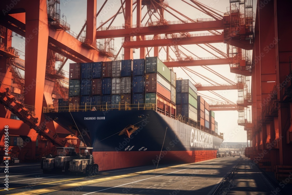 Poster container ship at the berth in cargo terminal of the port under loading. port cranes load containers