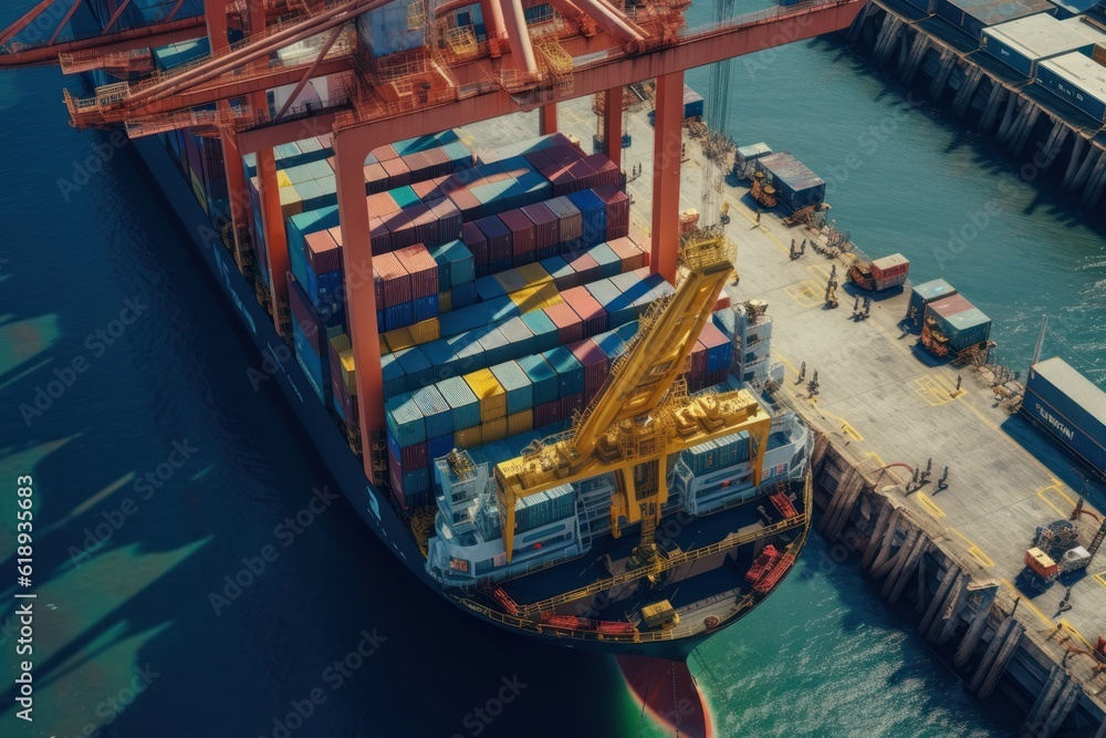 Poster aerial close up view of a cargo container ship. fully loaded container ship at the cargo terminal in